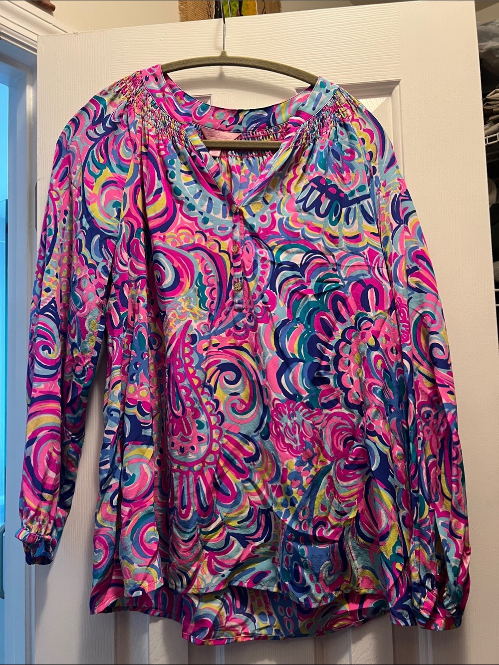 Lilly Pulitzer Pink, Blue & Yellow Paisley Peasant Blouse